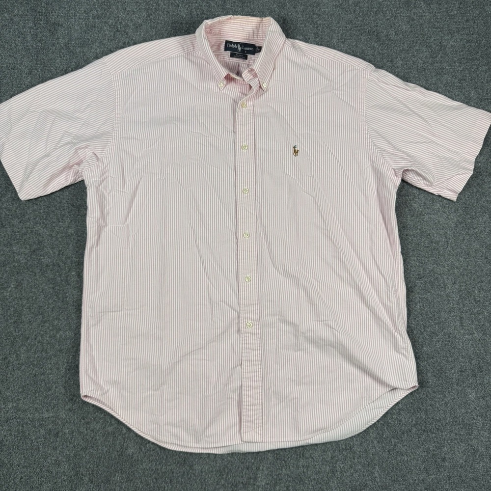 🏇 VTG 90s Polo Ralph Lauren Blake Shirt Mens L Pink White Stripe Short Sleeve